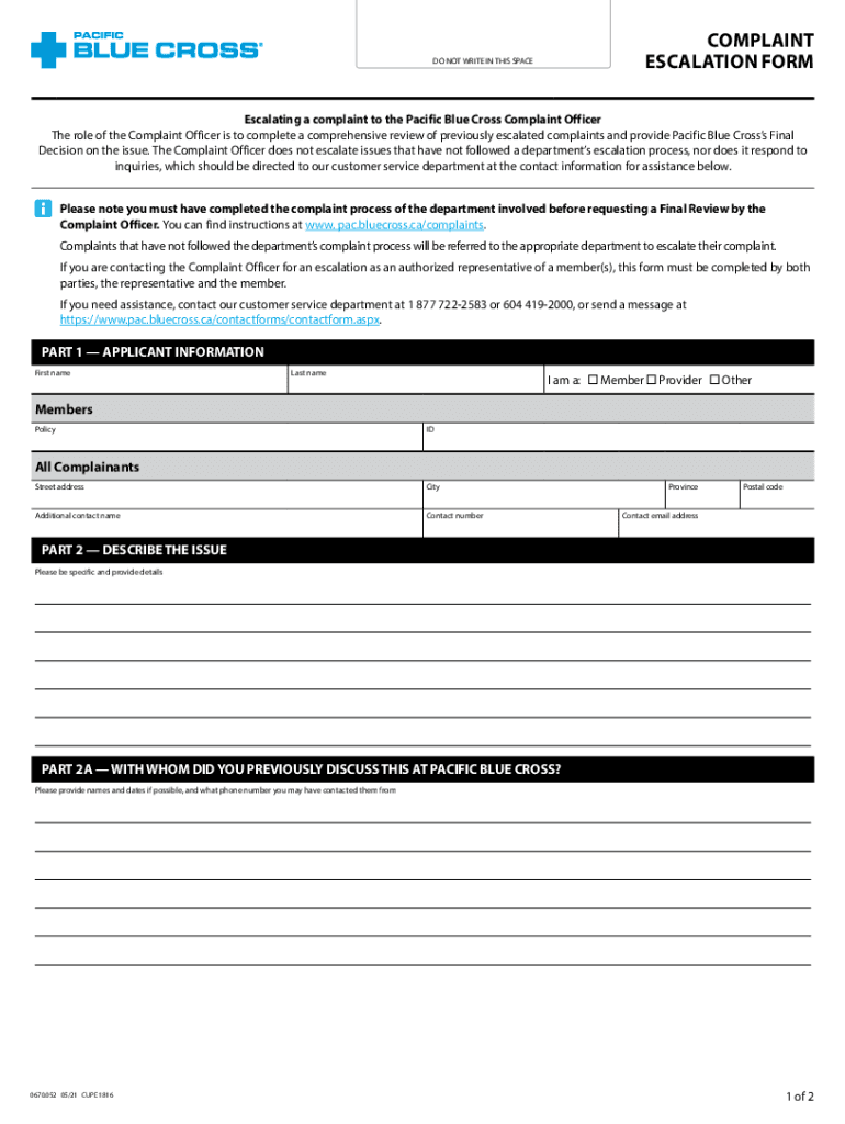Fillable Online COMPLAINT ESCALATION FORM Fax Email Print - pdfFiller