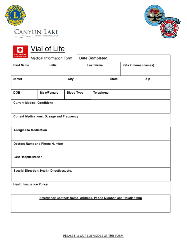 Fillable Online Vial of Life Form Fax Email Print - pdfFiller