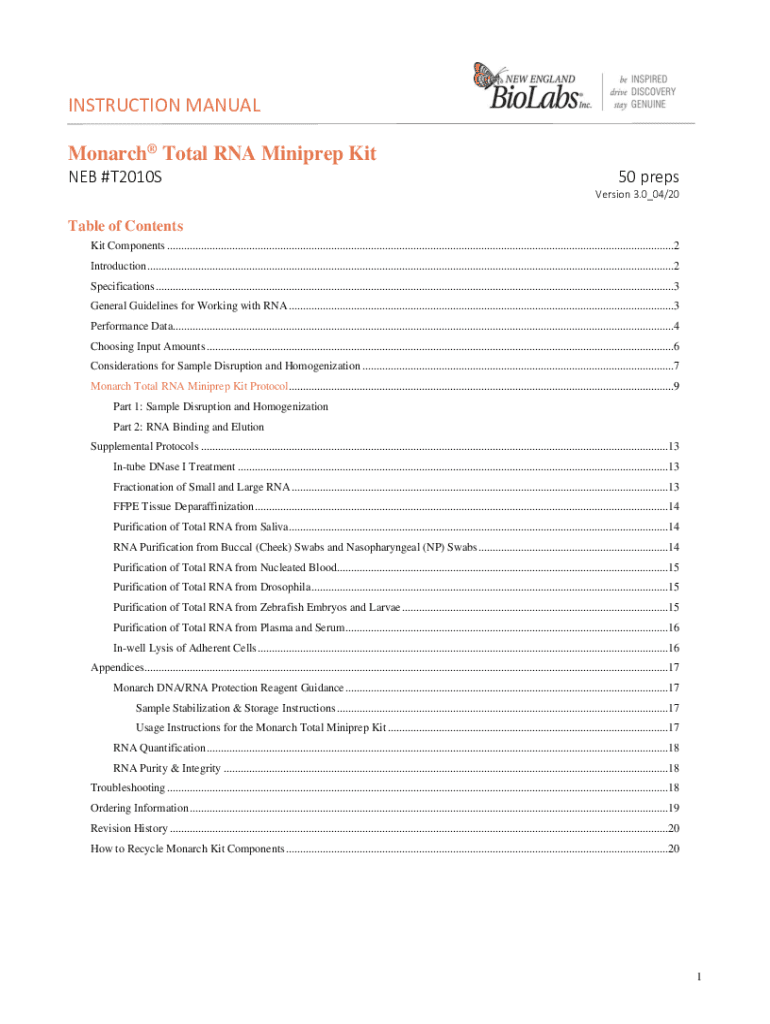 Fillable Online Monarch Total RNA Miniprep Kit T2010 manual