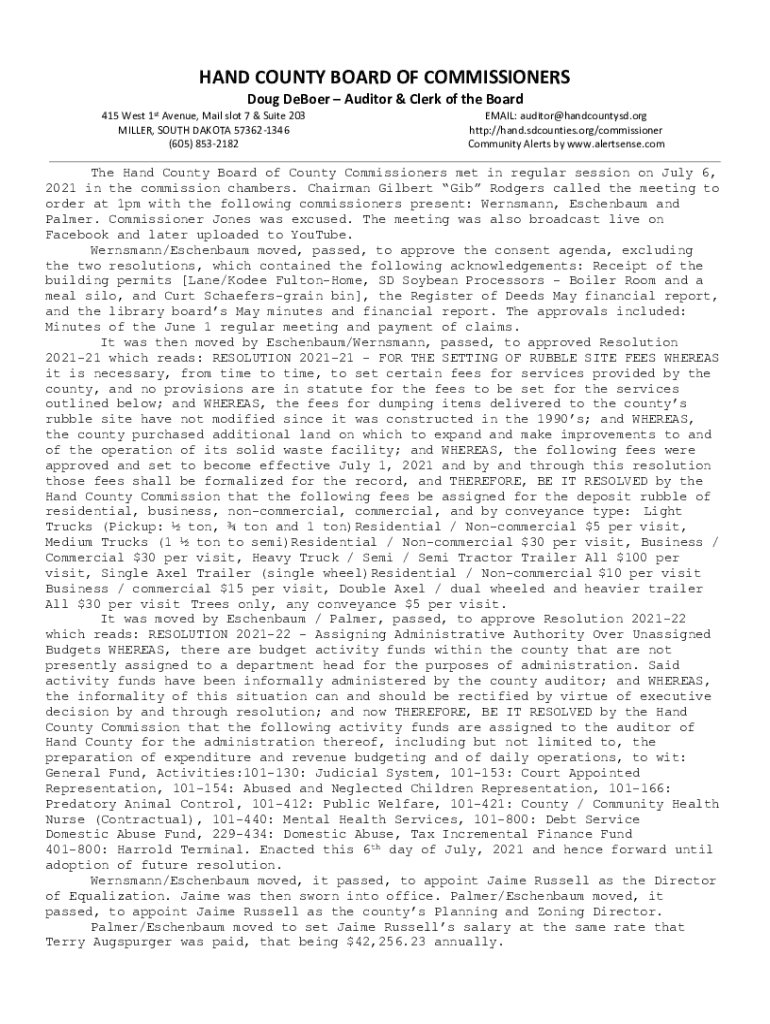 Fillable Online hand sdcounties The Hand County Board of County