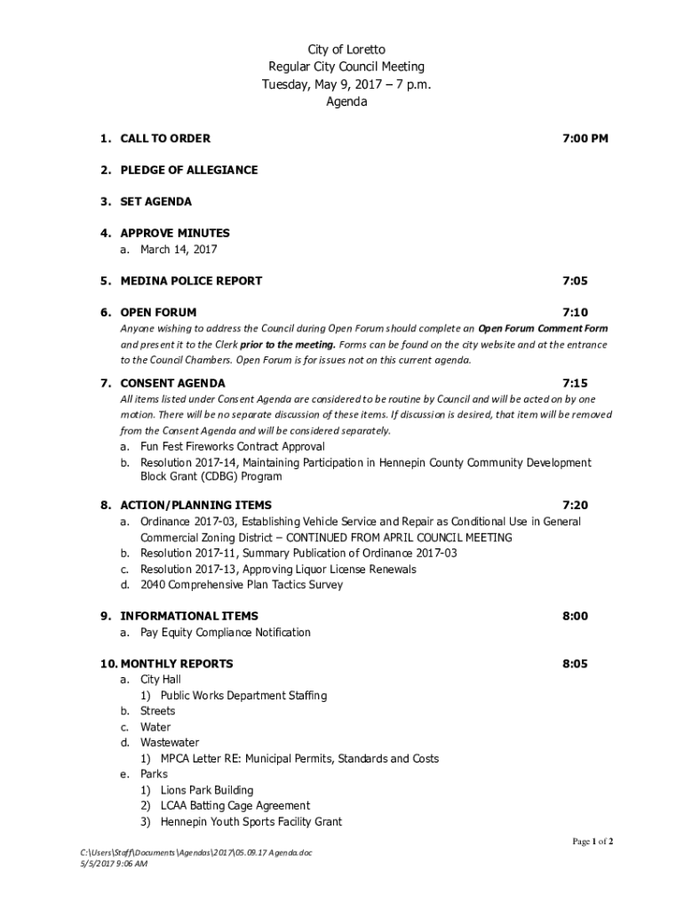 Fillable Online 1. Call To Order. 2. Pledge Of Allegiance. 3 City