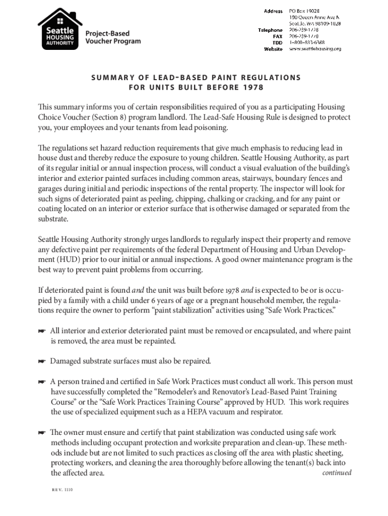 Fillable Online summary of leadbased paint regulations for units built Fax Email Print