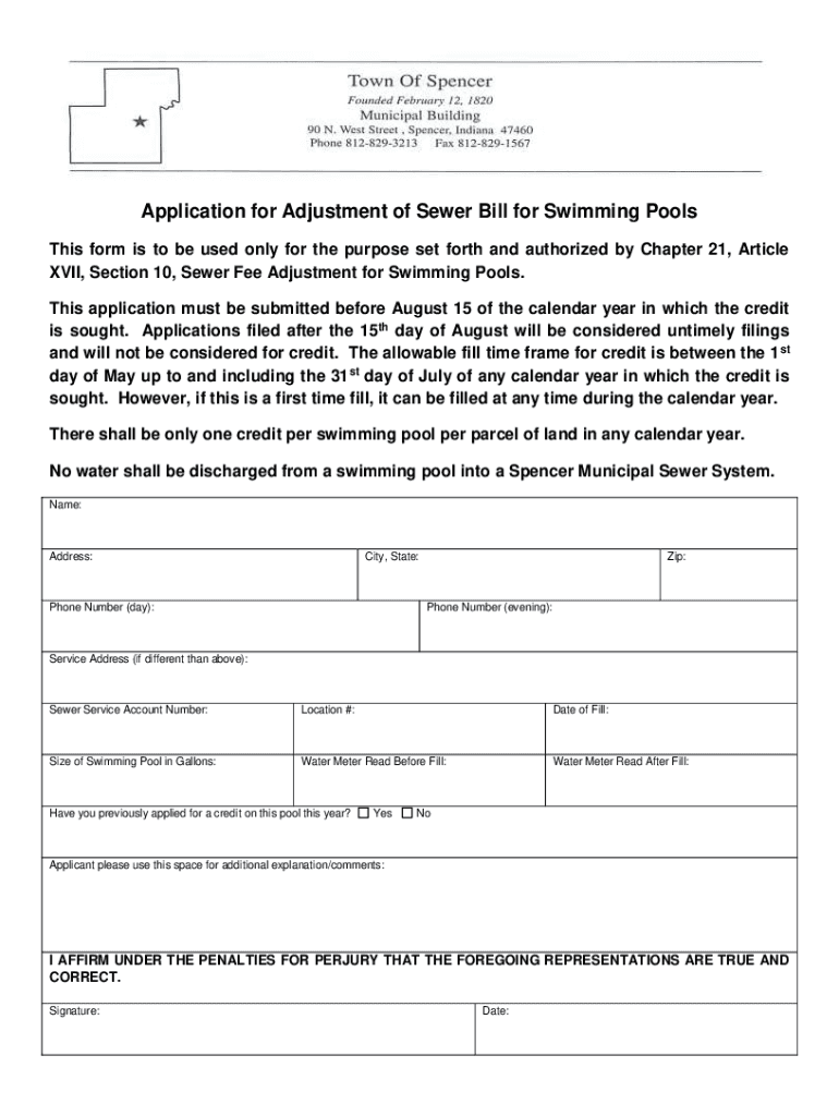 Fillable Online Request for Sewer Adjustment for Swimming Pool Fill Fax