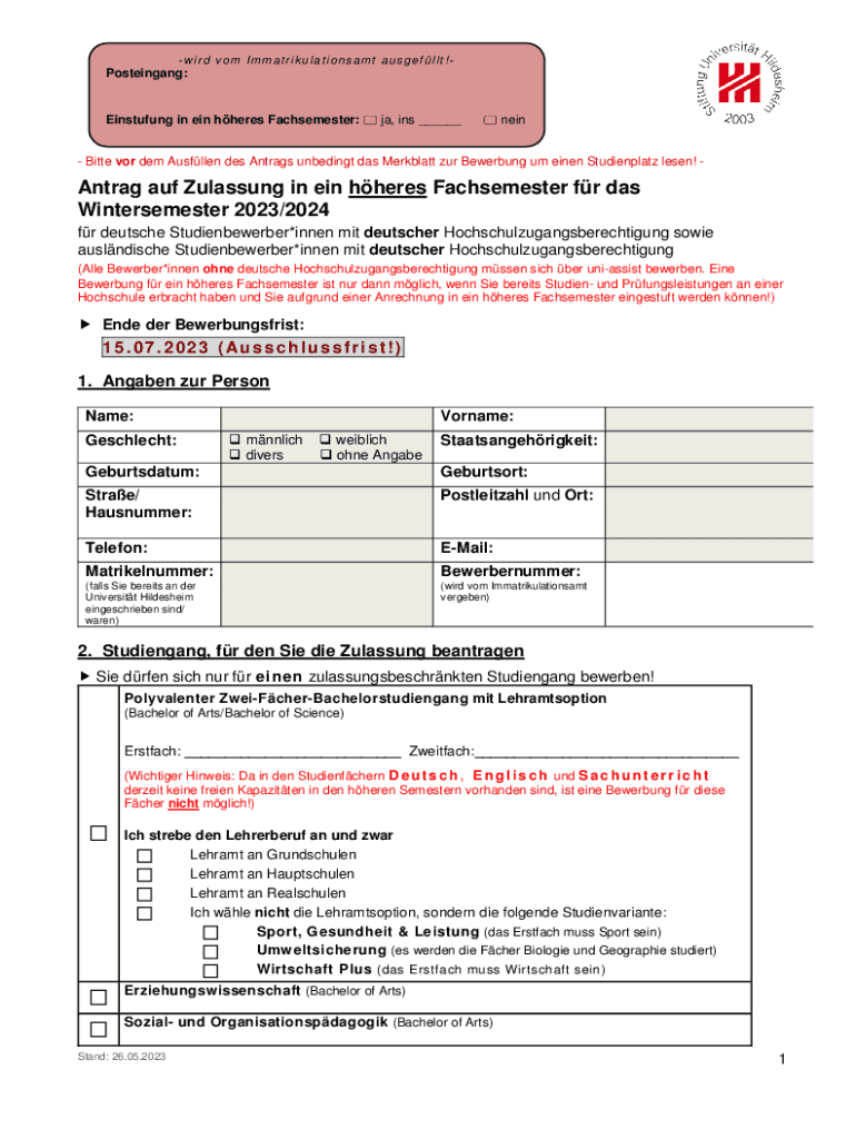 Ausfüllbar Online MERKBLATT FR DIE ZULASSUNG IN HHERE SEMESTER Fax ...