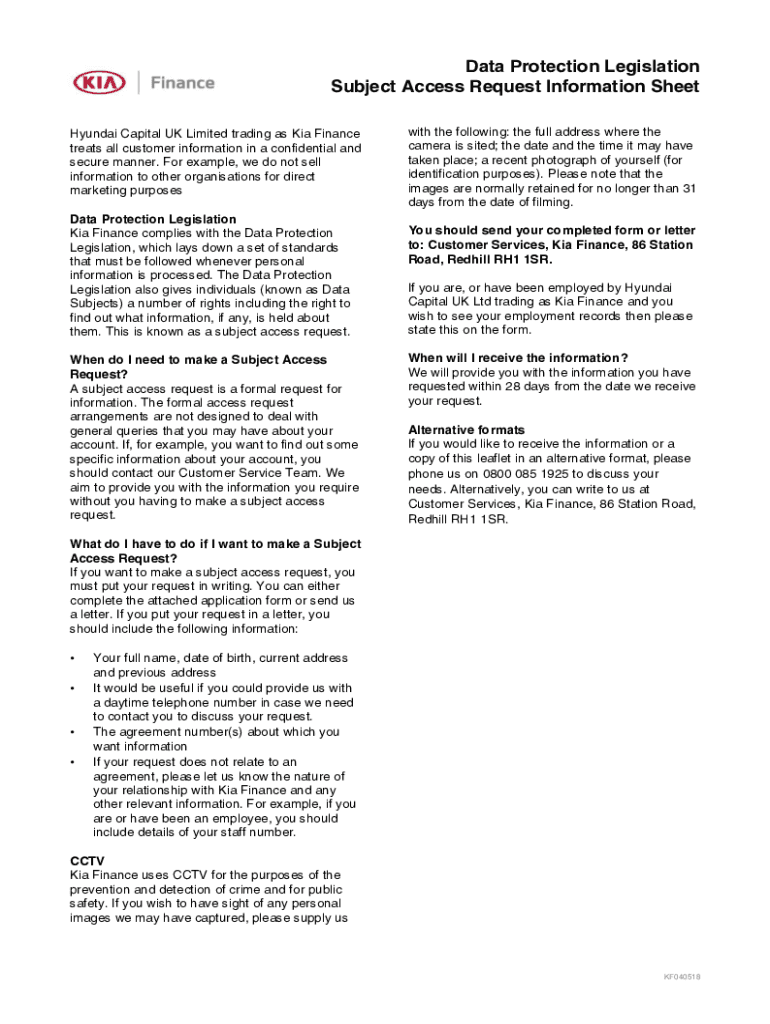 Fillable Online Data Protection Legislation. Subject Access Request ...