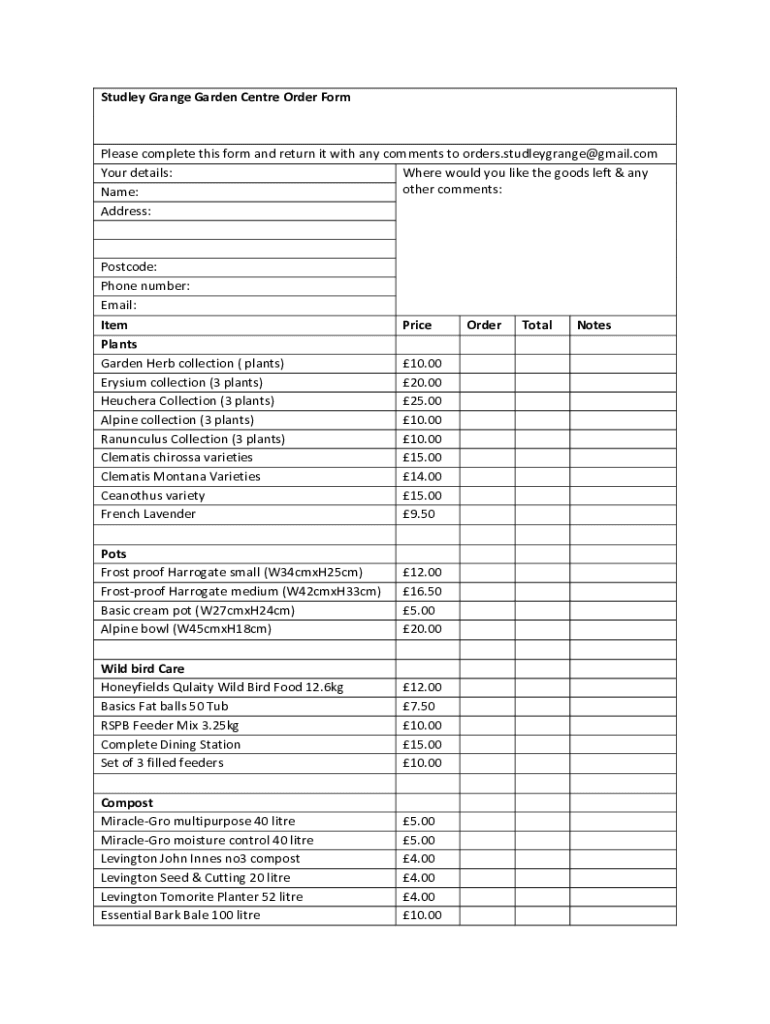 Fillable Online Studley Grange Garden Centre Order Form Fax Email Print