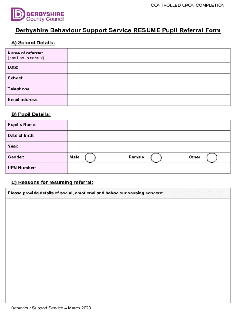 Fillable Online Derbyshire Behaviour Support Service RESUME Referral