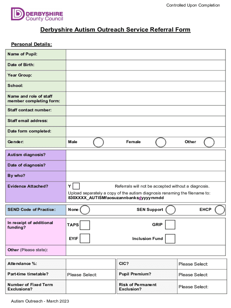 Fillable Online Derbyshire Autism Outreach Service Referral Form