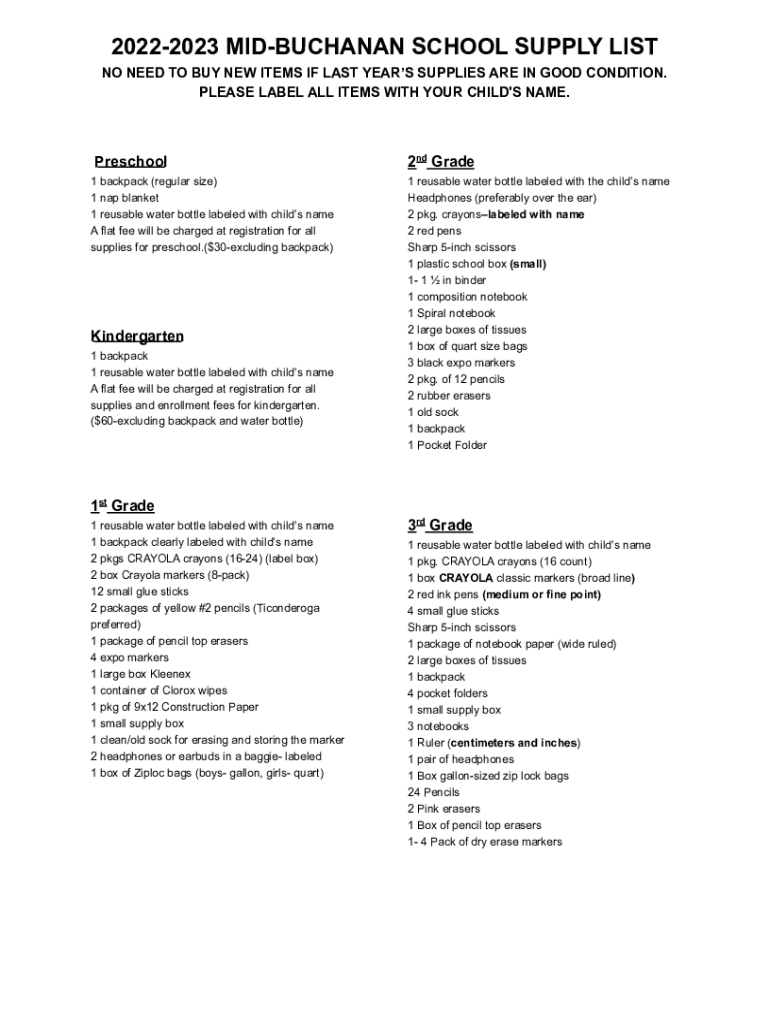 Fillable Online NO NEED TO BUY NEW ITEMS IF LAST YEARS SUPPLIES ARE IN