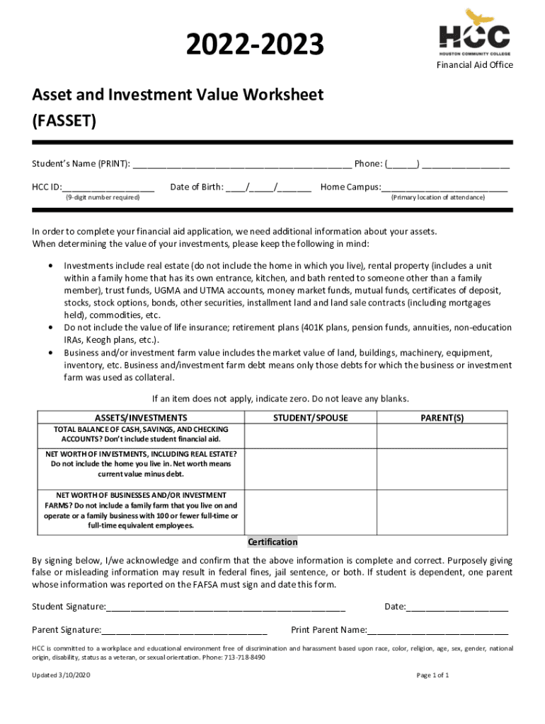 Fillable Online Asset and Investment Value Worksheet (FASSET) Fax Email ...