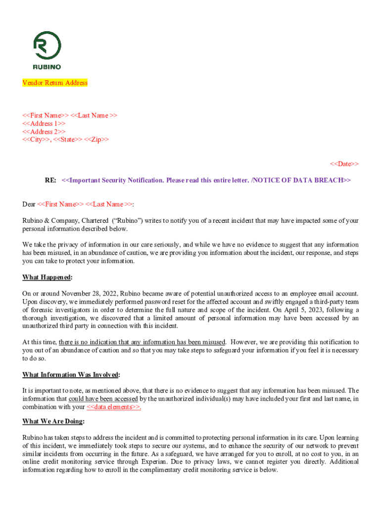 Fillable Online notice of a data breach of your minor child's