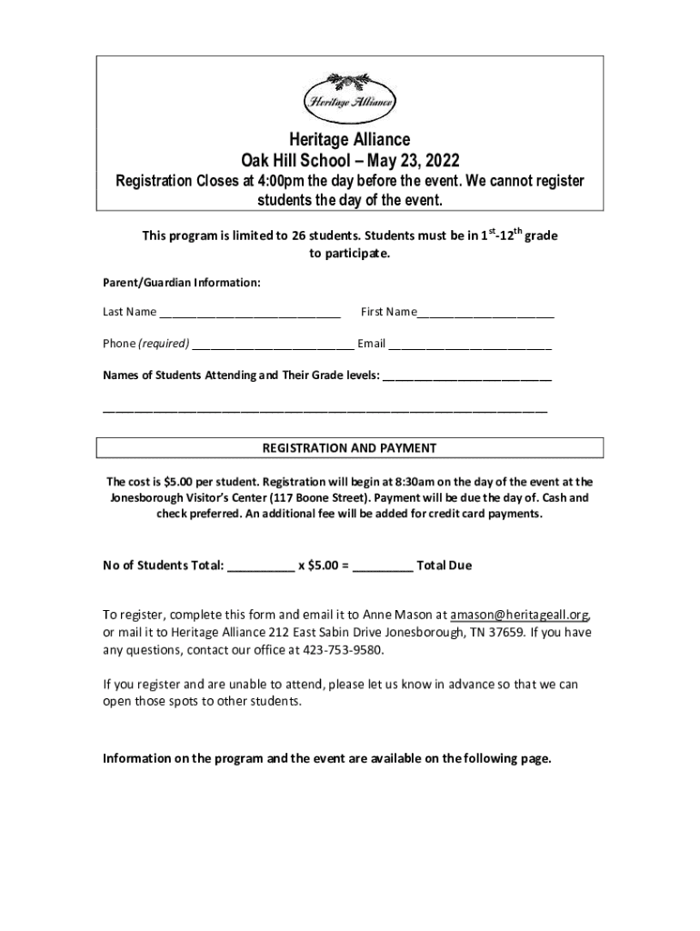 Fillable Online OakHillSchoolMay232022RegistrationForm. Fax