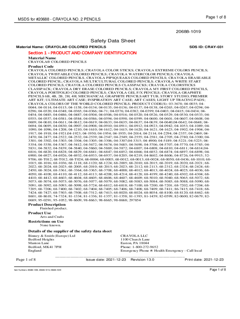 Fillable Online MSDS for 20688 CRAYOLA NO. 2 PENCILS. Material
