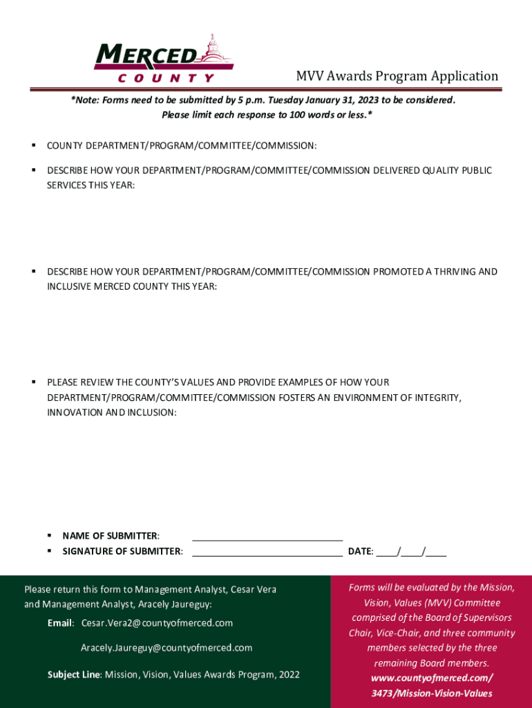 Fillable Online MVV Awards Program Application Fax Email Print - pdfFiller