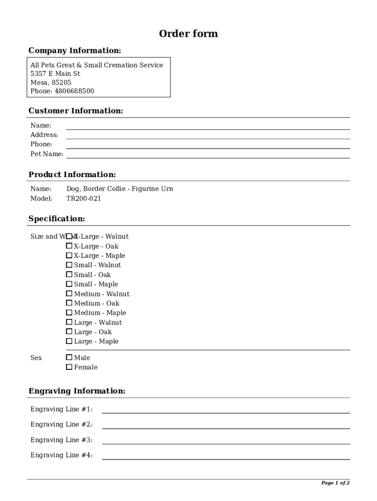 Fillable Online Pet Supplies Order Form Template Fax Email Print