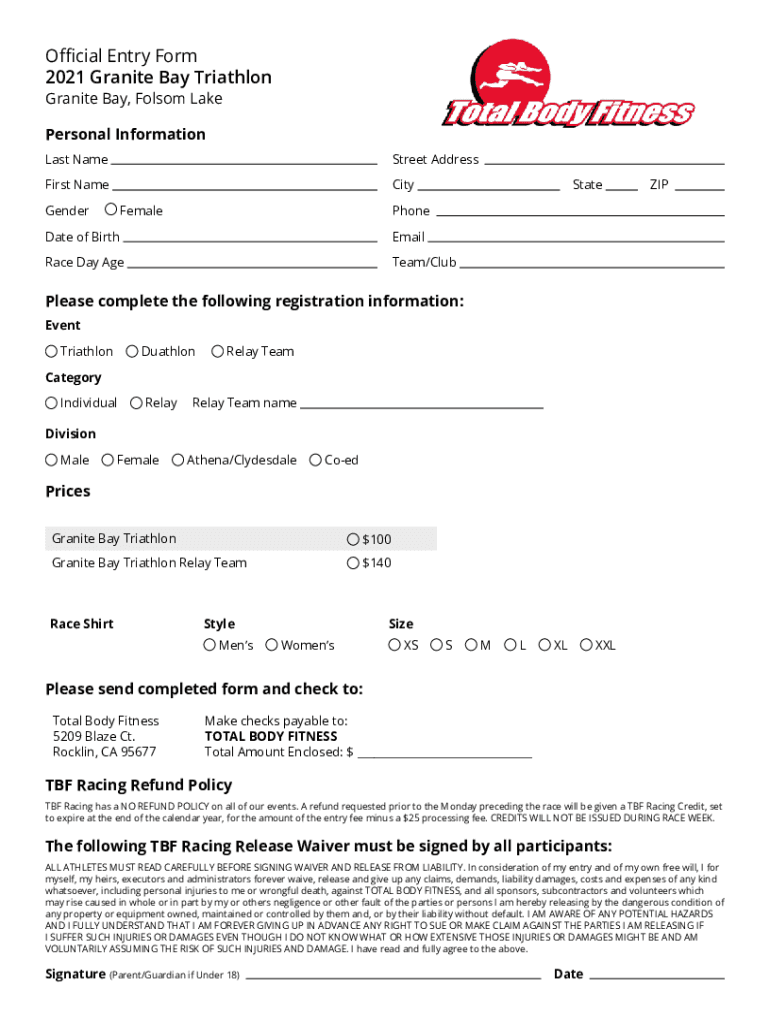 Fillable Online Official Entry Form 2021 Granite Bay Triathlon Fax