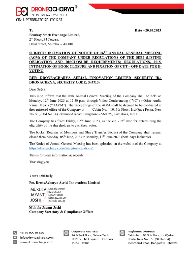 Fillable Online noticeofagmrecorddateandbookclosure. Fax