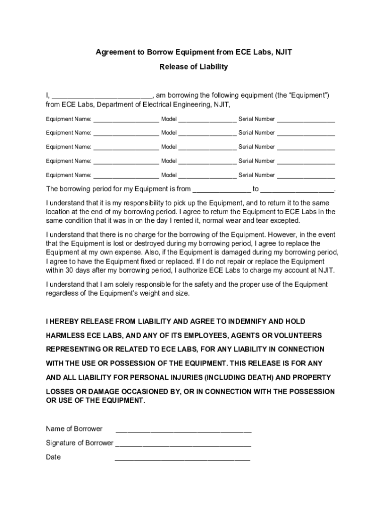 Fillable Online ecelabs njit Agreement To Borrow Equipment and Release