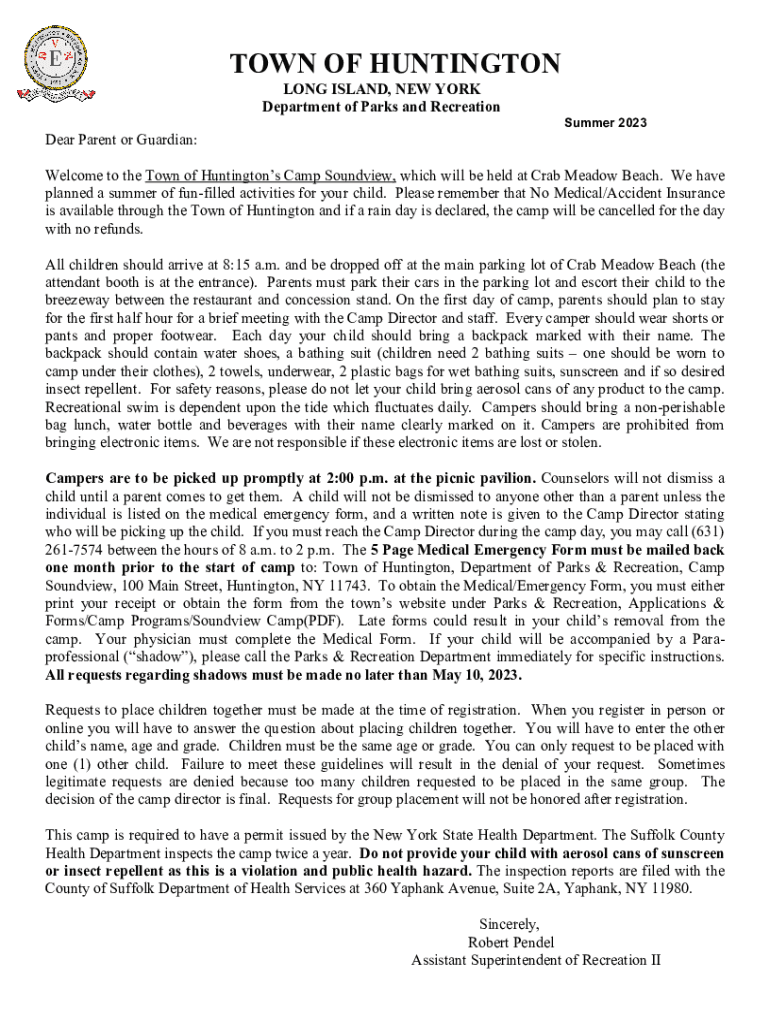 Fillable Online Town of Huntington, NY Parks and Recreation, Department