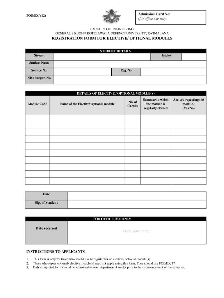 Fillable Online Registration Form for Elective/ Optional Modules Fax ...