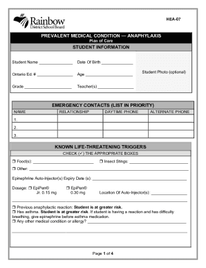 Fillable Online ALLERGY/ ANAPHYLAXIS PLAN OF CARE Fax Email Print ...
