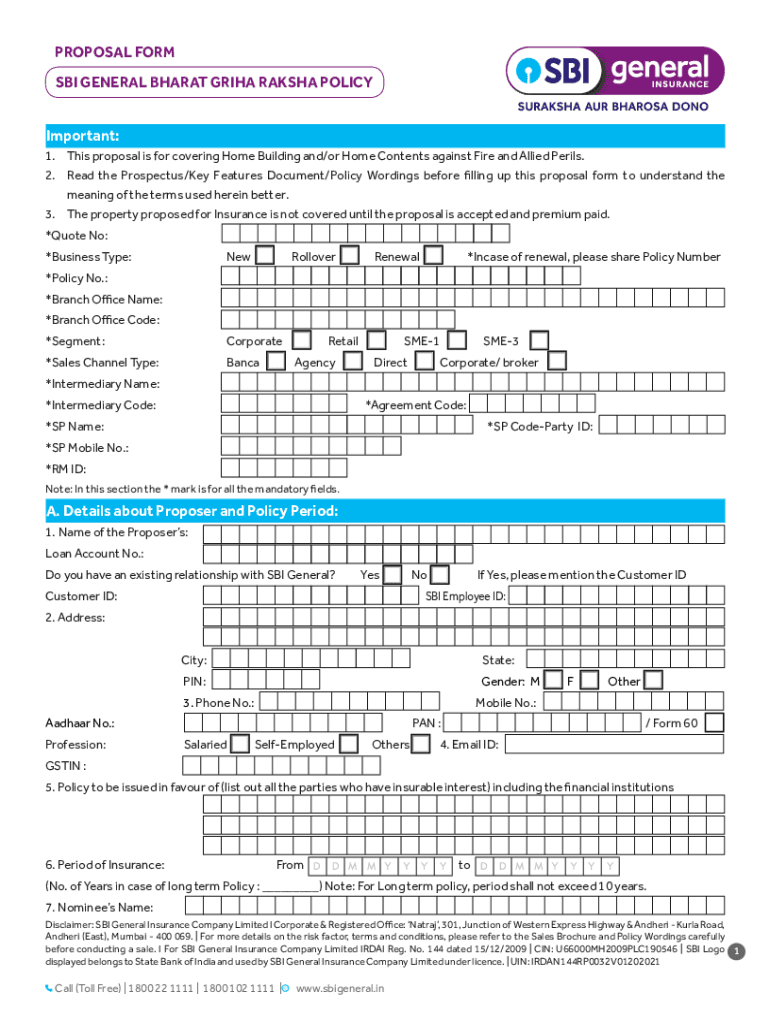 Fillable Online proposal form - sbi general bharat griha raksha policy ...