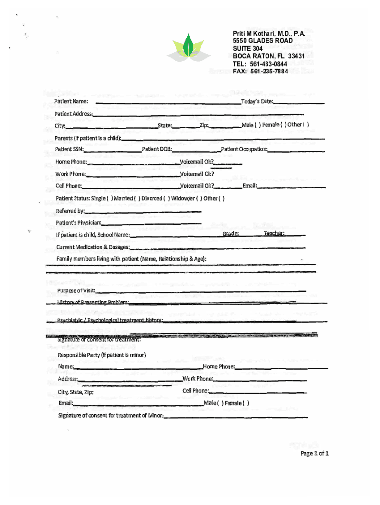 Fillable Online Today's Date,Patient Address Dr Priti Kothari Fax