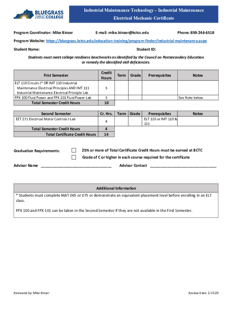 Fillable Online Industrial Maintenance Electrical Mechanic Certificate Fax Email Print pdfFiller
