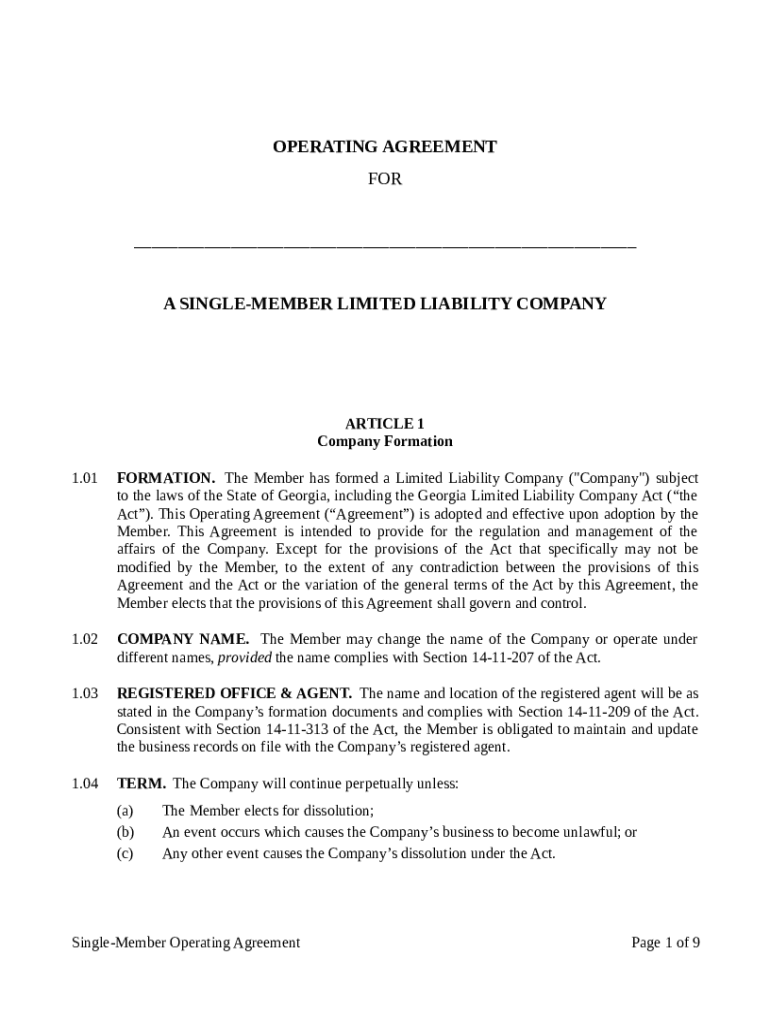 Fillable Online Georgia Single-Member LLC Operating Agreement Form Fax ...