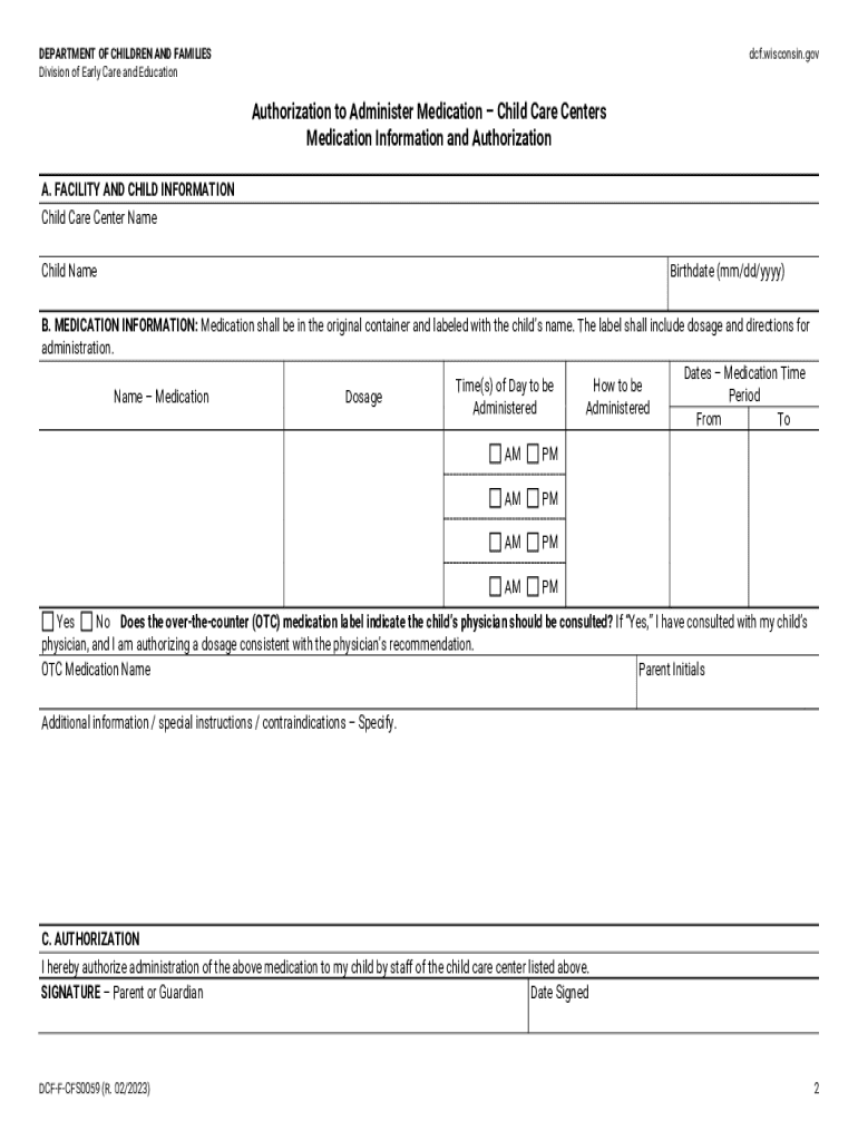 Authorization to Administer Medication - Child Care Centers, DCF-F-CFS0059 Preview on Page 1