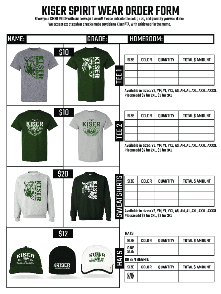 Fillable Online KISER SPIRIT WEAR ORDER FORM Fax Email Print - pdfFiller