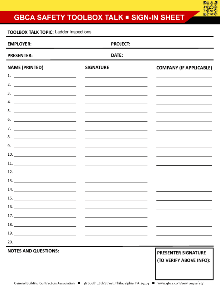 Fillable Online GBCA Safety Toolbox Talk Ladder Inspections Fax Email