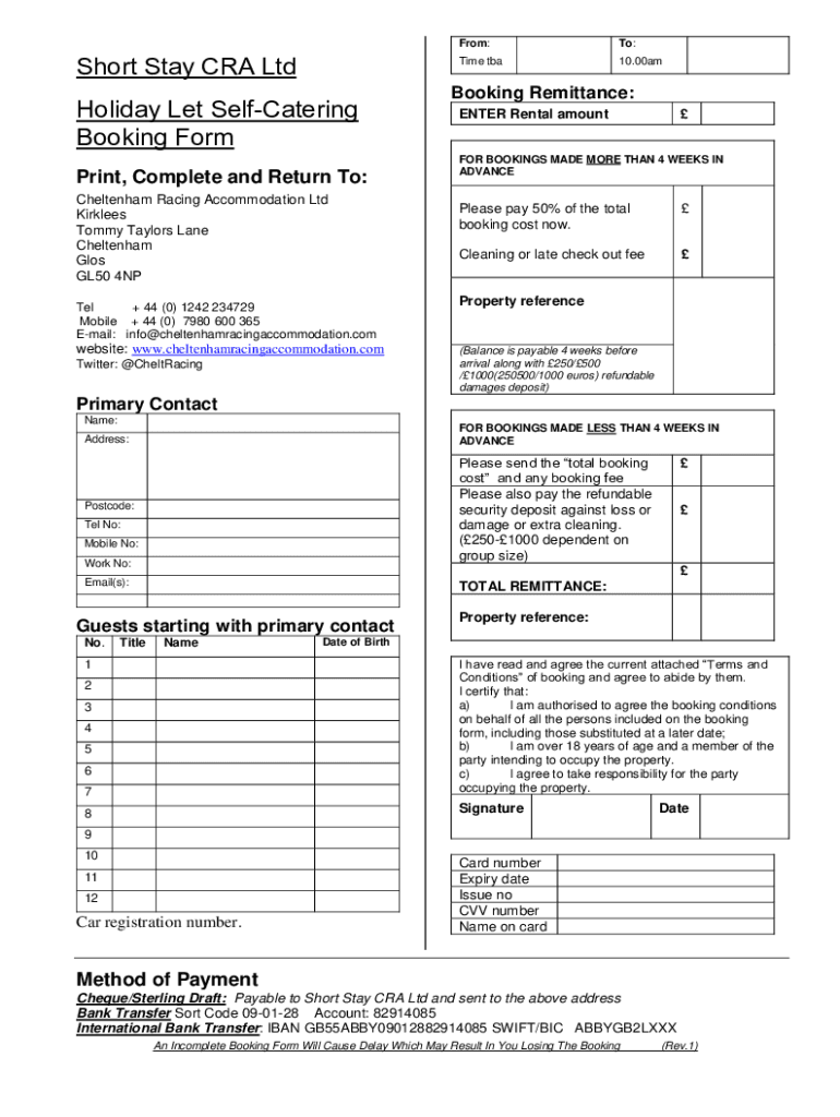 Short Stay CRA Ltd Holiday Let Self-Catering Booking Form Preview on Page 1