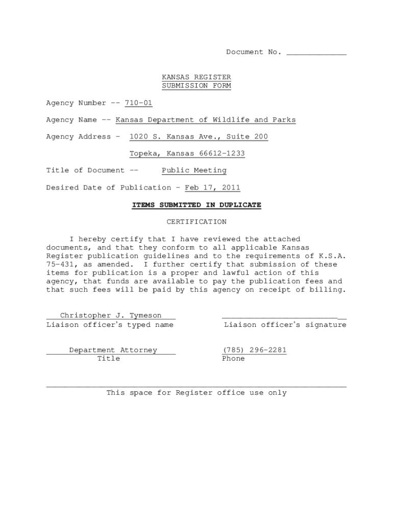 Fillable Online KANSAS REGISTER SUBMISSION FORM Agency Number Fax Email Print pdfFiller