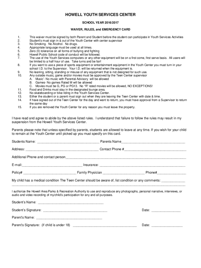 Fillable Online Teen Center Waiver, Rules, and Emergency Card Fax Email