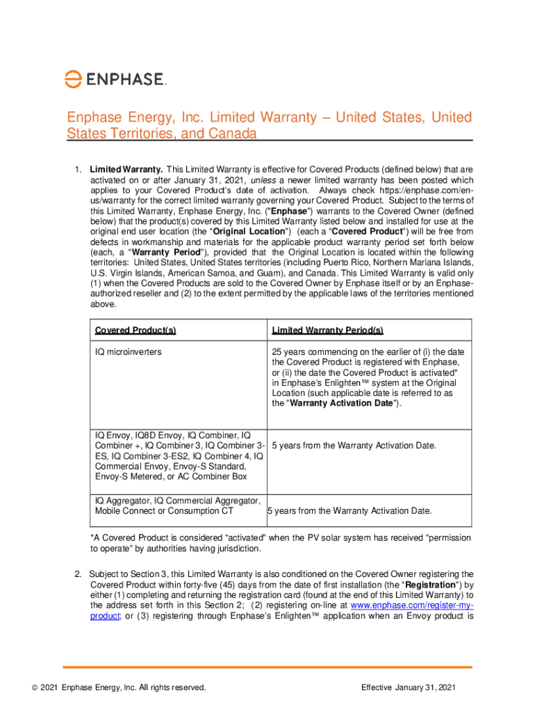 Fillable Online Enphase Energy, Inc. Enpower Limited Warranty Fax Email
