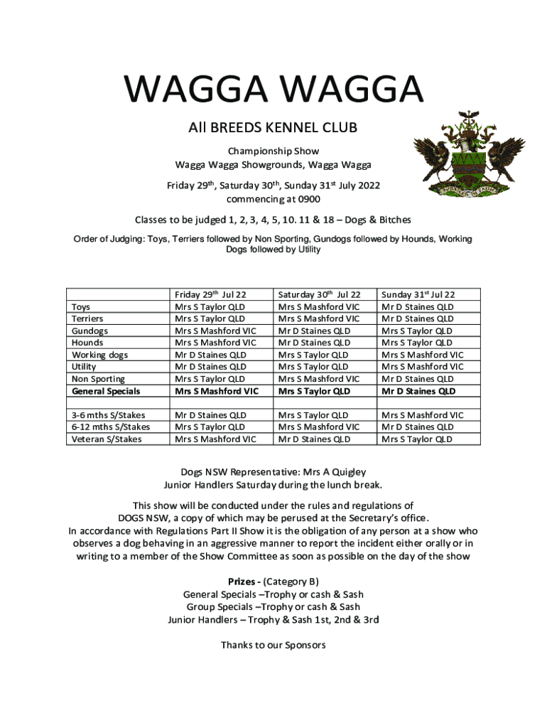 Fillable Online Wagga All Breeds Kennel Club championship show held at