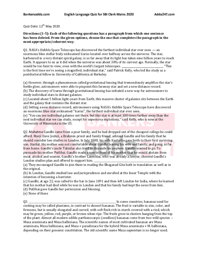 Fillable Online English Language Quiz for SBI Clerk