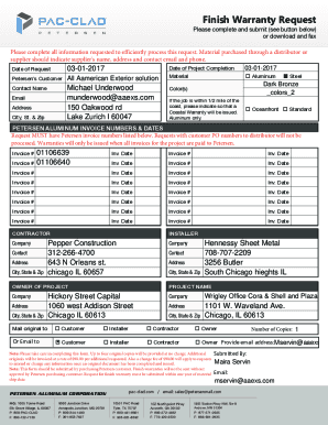 Petersen Aluminum Finish Warranty Request
