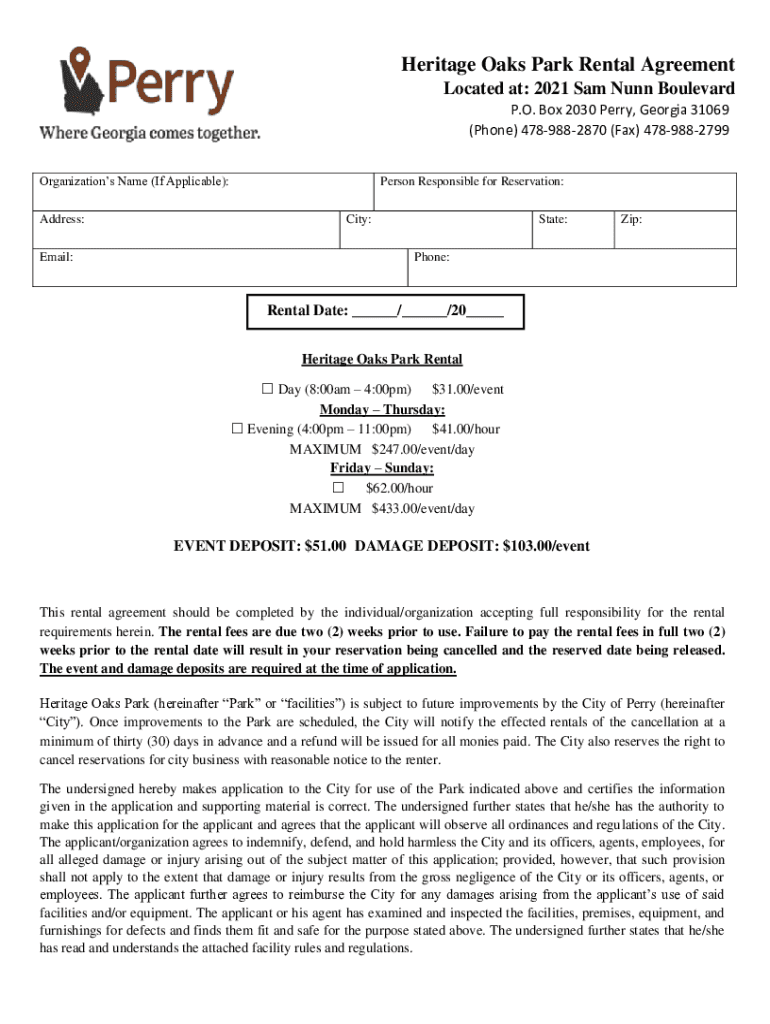 Fillable Online Heritage Oaks Park Rental Agreement Fax Email Print
