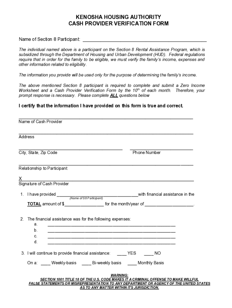 Fillable Online Kenosha Housing Authority Cash Provider Verification