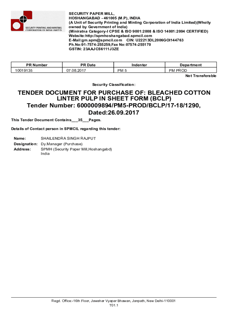 Fillable Online SECURITY PAPER MILL, HOSHANGABAD Fax Email Print