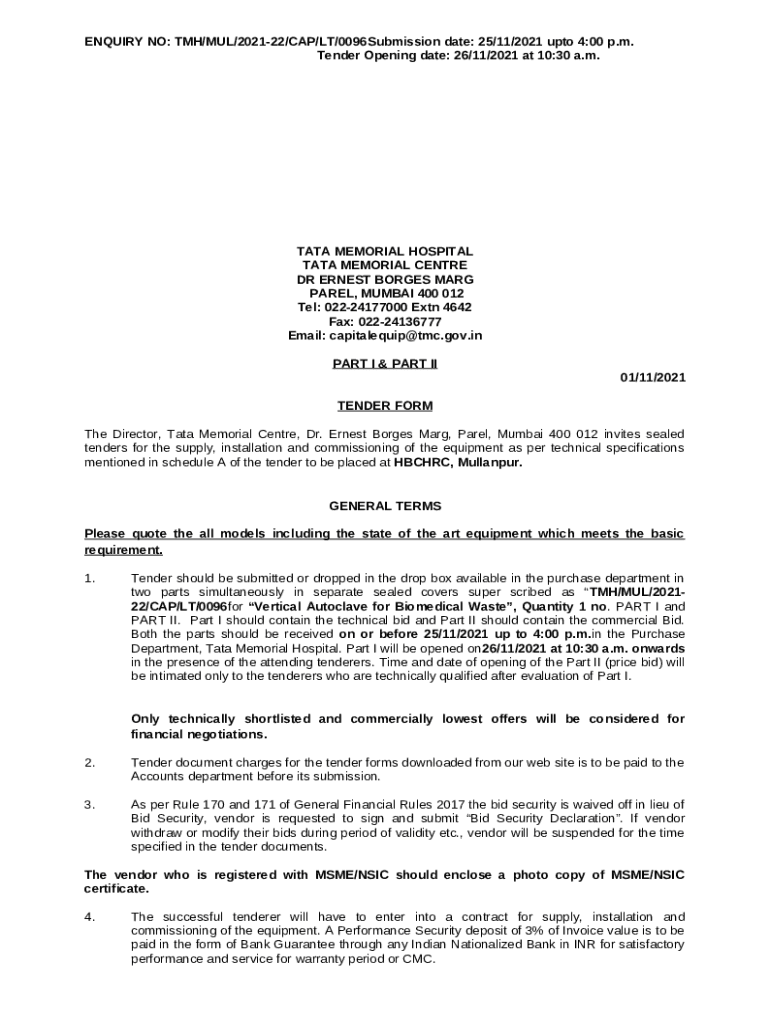 PT0098 Discard Autoclave for Hospital Waste Tender Doc Template pdfFiller