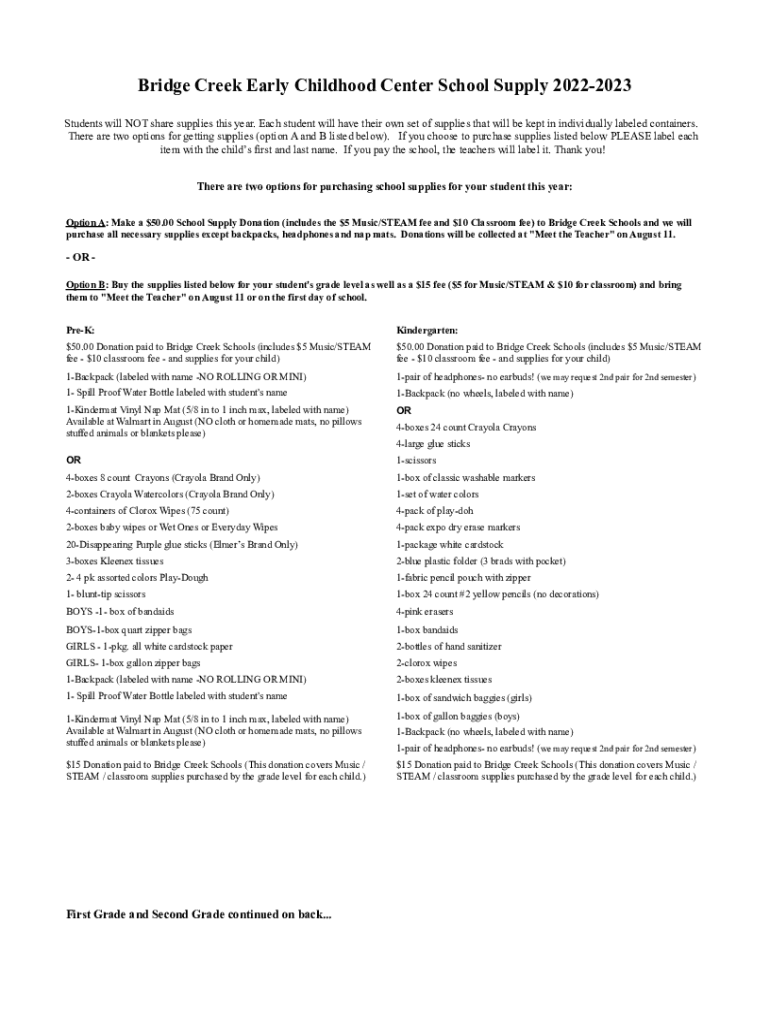 Fillable Online School Supply Kits for Bridge Creek Early Childhood