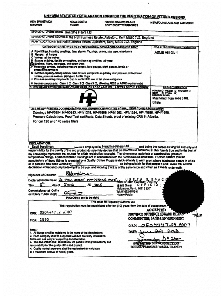 Fillable Online uniform statutory declaration form for the registration