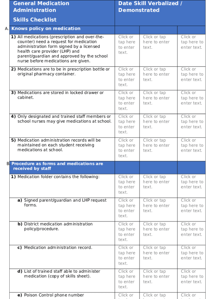 General medication administration skills checklist doc template pdffiller