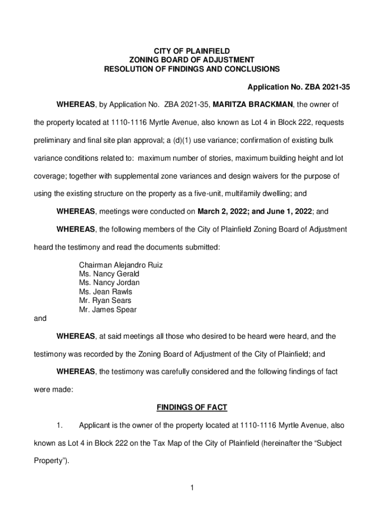 Fillable Online Plainfield Zoning Board Expresses Concerns on 5Family