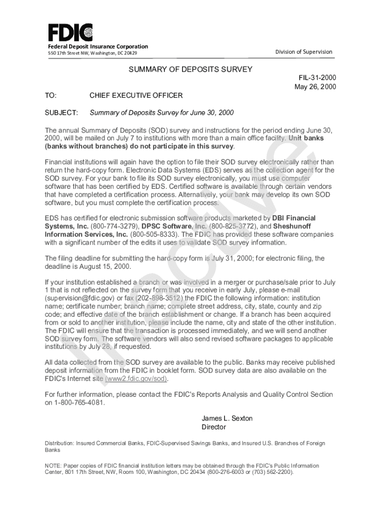 Fillable Online fdic SUMMARY OF DEPOSITS SURVEY Preview on Page 1