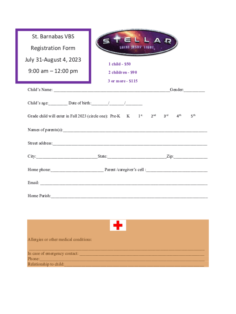 Fillable Online St. Barnabas VBS Registration Form July 31August 4
