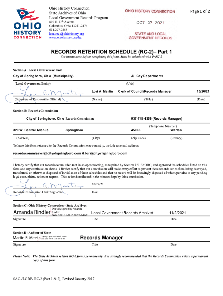 Fillable Online FORM RC2City of Springboro, Ohio Records Retention